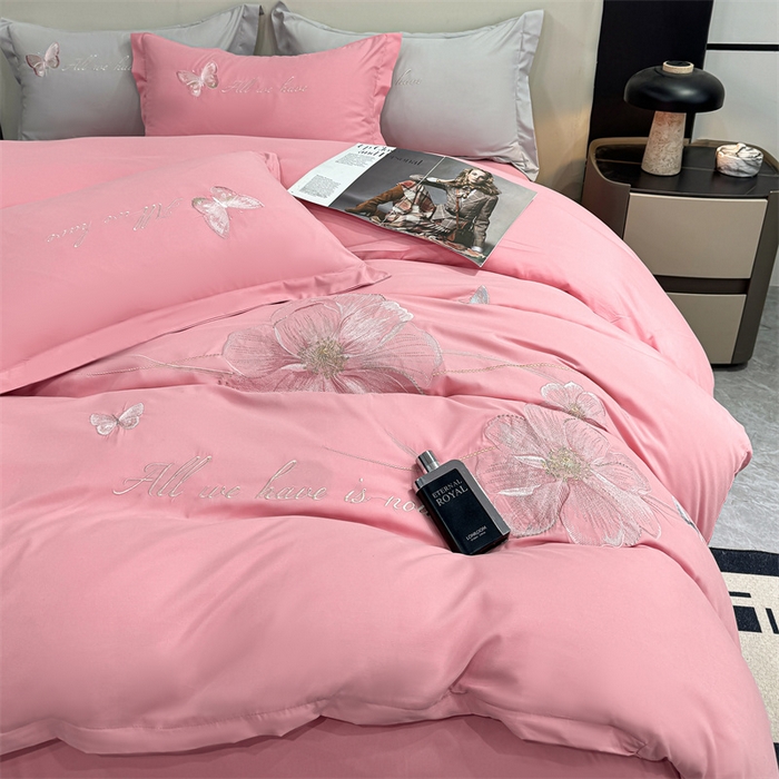 91家纺网 家纺一手货源 找家纺 悦织湾家纺 90克磨毛刺绣纯色四件套2025新款轻奢韩版公主风精致床上用品绣花亲肤水洗棉4件套 琪亚娜-玉色