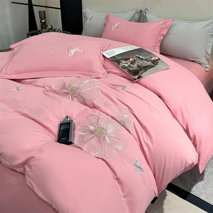 91家纺网 家纺一手货源 找家纺 悦织湾家纺 90克磨毛刺绣纯色四件套2025新款轻奢韩版公主风精致床上用品绣花亲肤水洗棉4件套 琪亚娜-玉色