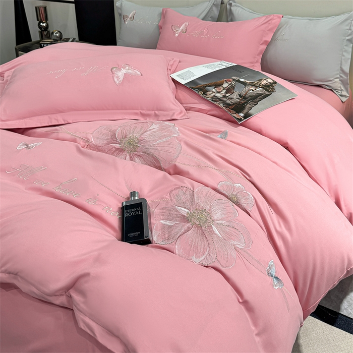 91家纺网 家纺一手货源 找家纺 悦织湾家纺 90克磨毛刺绣纯色四件套2025新款轻奢韩版公主风精致床上用品绣花亲肤水洗棉4件套 琪亚娜-玉色