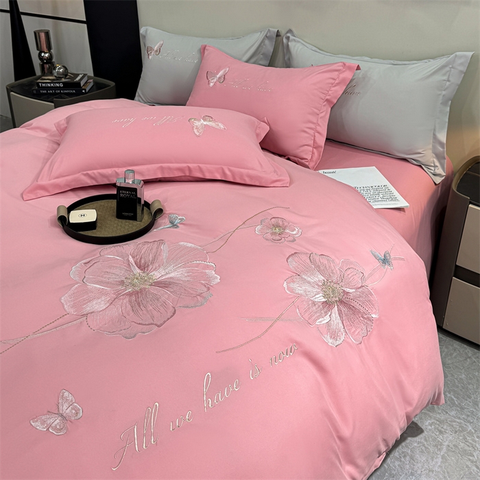 91家纺网 家纺一手货源 找家纺 悦织湾家纺 90克磨毛刺绣纯色四件套2025新款轻奢韩版公主风精致床上用品绣花亲肤水洗棉4件套 琪亚娜-玉色