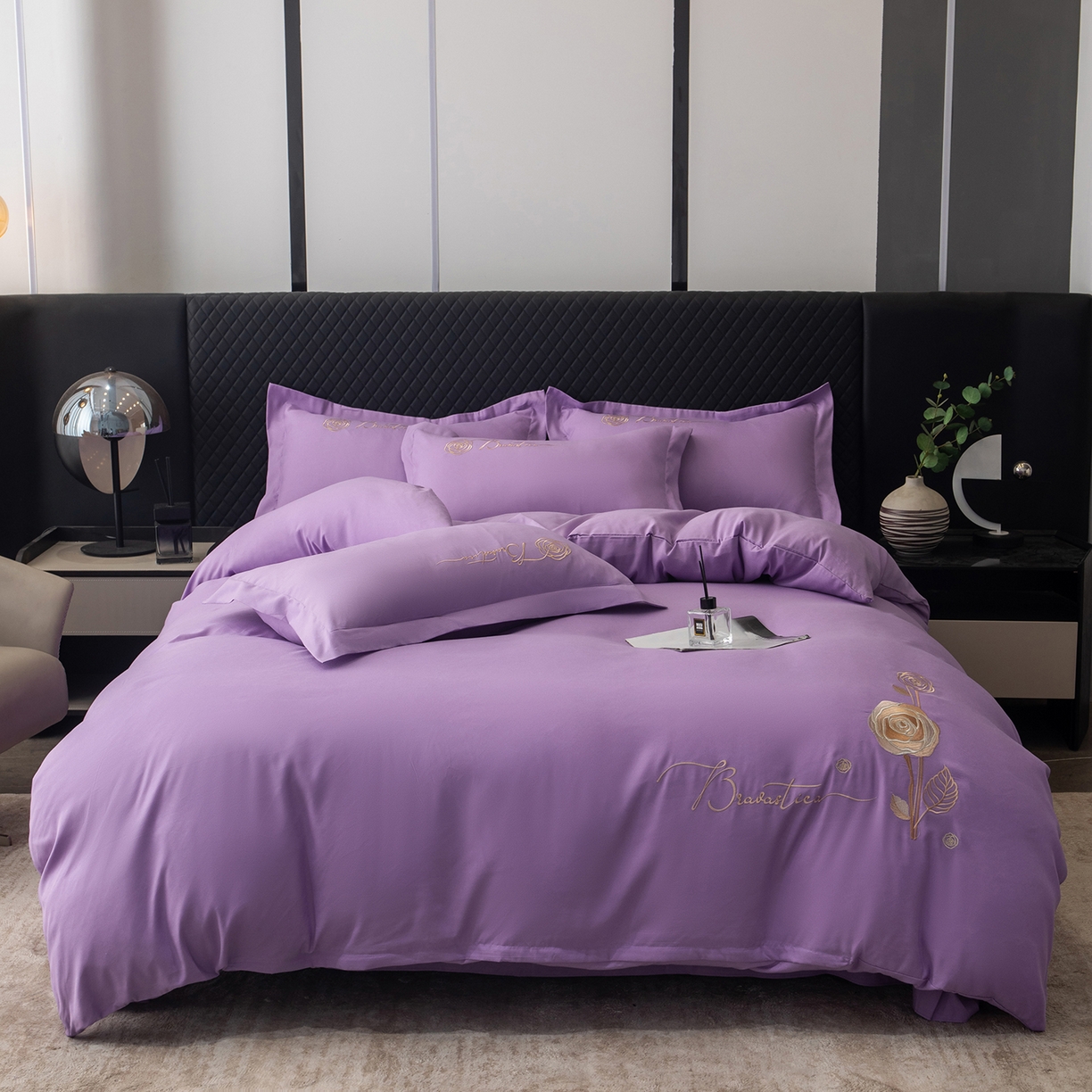 悦织湾家纺 90克磨毛刺绣纯色四件套2025新款轻奢韩版公主风精致床上用品绣花亲肤水洗棉4件套 锐莎-紫色