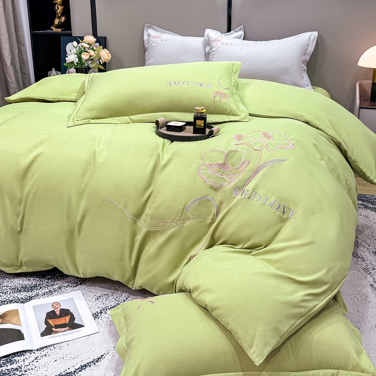 91家纺网 家纺一手货源 找家纺 悦织湾家纺 90克磨毛刺绣纯色四件套2025新款轻奢韩版公主风精致床上用品绣花亲肤水洗棉4件套 诗诺-果绿