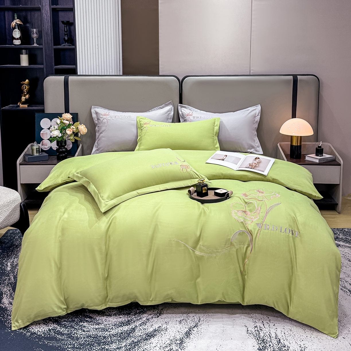 91家纺网 家纺一手货源 找家纺 悦织湾家纺 90克磨毛刺绣纯色四件套2025新款轻奢韩版公主风精致床上用品绣花亲肤水洗棉4件套 诗诺-果绿