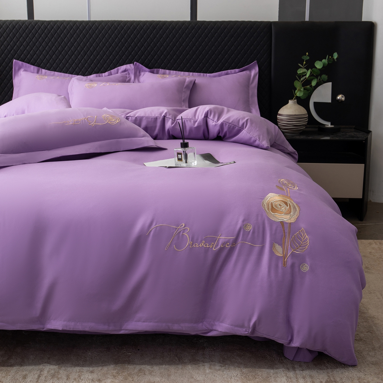 91家纺网 家纺一手货源 找家纺 悦织湾家纺 90克磨毛刺绣纯色四件套2025新款轻奢韩版公主风精致床上用品绣花亲肤水洗棉4件套 锐莎-紫色