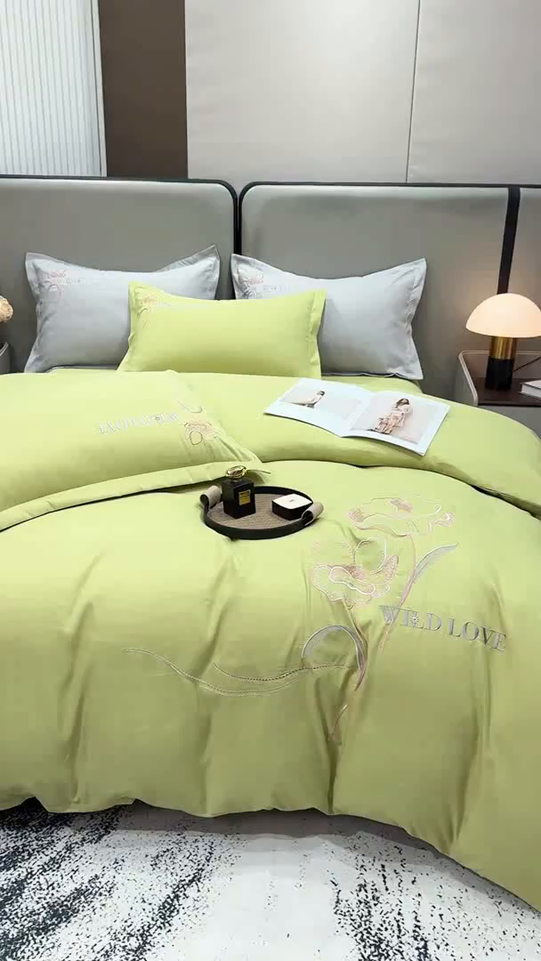91家纺网 家纺一手货源 找家纺 悦织湾家纺 90克磨毛刺绣纯色四件套2025新款轻奢韩版公主风精致床上用品绣花亲肤水洗棉4件套 诗诺-果绿