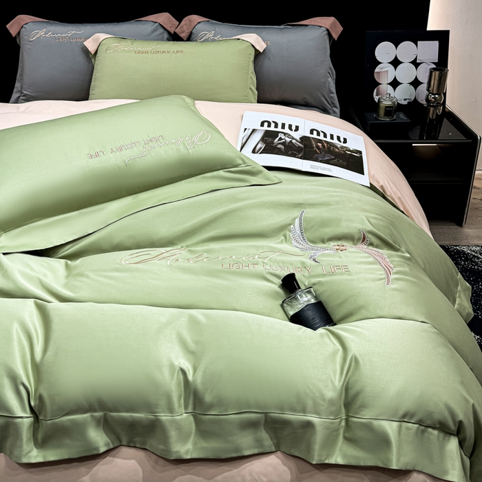 91家纺网 家纺一手货源 找家纺 （总）悦织湾家纺 亲肤120克水洗棉磨毛刺绣纯色四件套2025新款轻奢韩版公主风精致床上用品绣花4件套