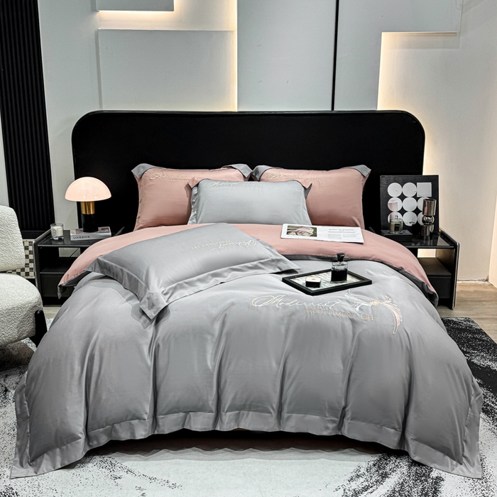 91家纺网 家纺一手货源 找家纺 悦织湾家纺 亲肤120克水洗棉磨毛刺绣纯色四件套2025新款轻奢韩版公主风精致床上用品绣花4件套 宽境灰色