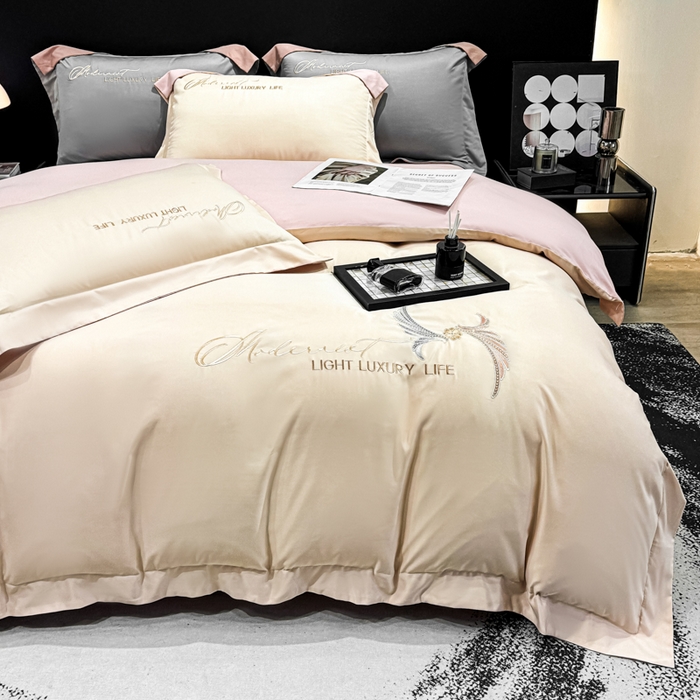 91家纺网 家纺一手货源 找家纺 悦织湾家纺 亲肤120克水洗棉磨毛刺绣纯色四件套2025新款轻奢韩版公主风精致床上用品绣花4件套 宽境香槟