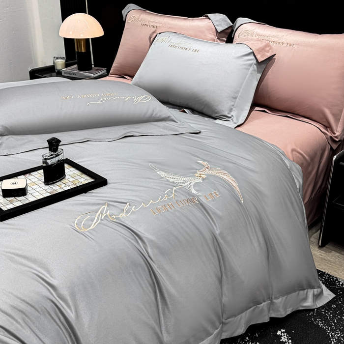 91家纺网 家纺一手货源 找家纺 悦织湾家纺 亲肤120克水洗棉磨毛刺绣纯色四件套2025新款轻奢韩版公主风精致床上用品绣花4件套 宽境灰色