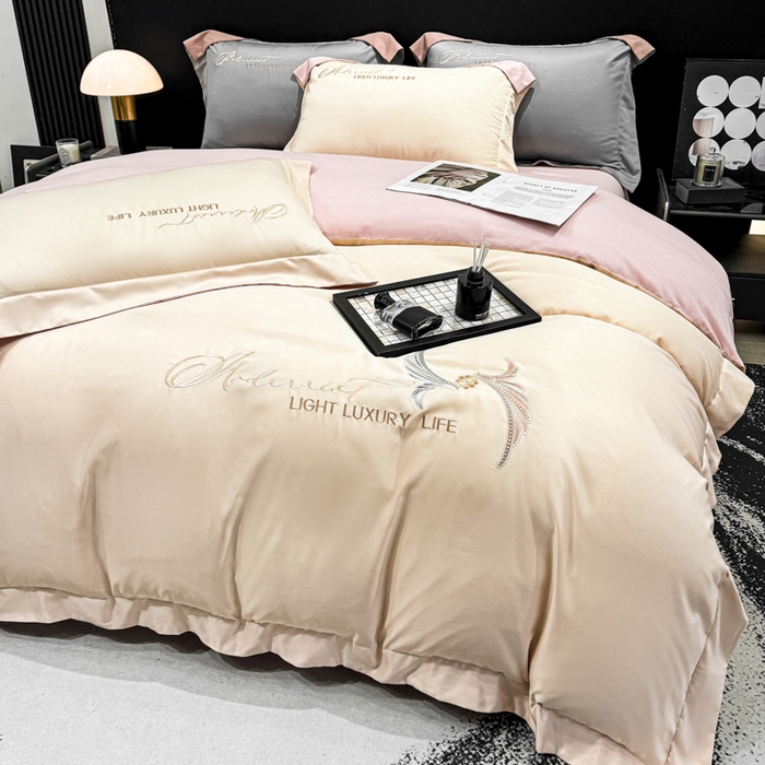 91家纺网 家纺一手货源 找家纺 悦织湾家纺 亲肤120克水洗棉磨毛刺绣纯色四件套2025新款轻奢韩版公主风精致床上用品绣花4件套 宽境香槟