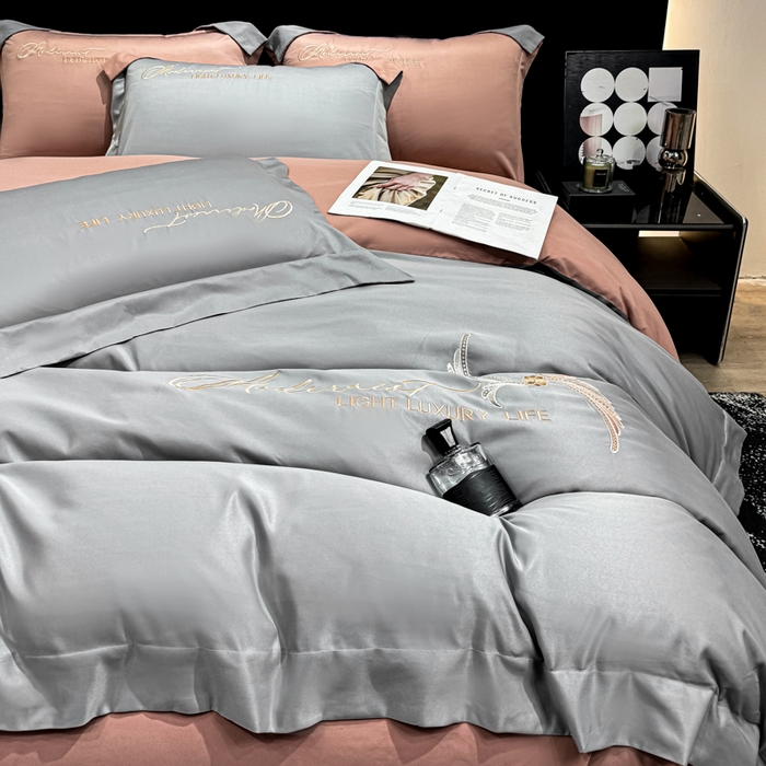 91家纺网 家纺一手货源 找家纺 悦织湾家纺 亲肤120克水洗棉磨毛刺绣纯色四件套2025新款轻奢韩版公主风精致床上用品绣花4件套 宽境灰色