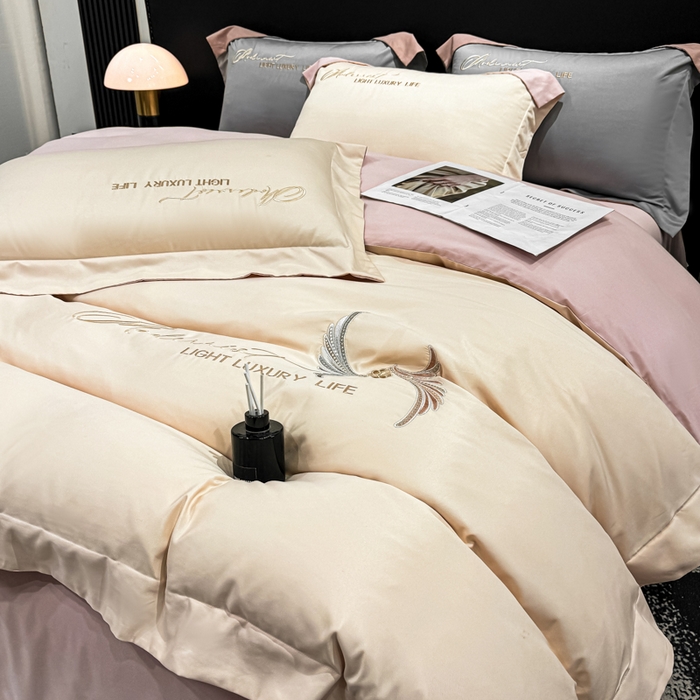 91家纺网 家纺一手货源 找家纺 悦织湾家纺 亲肤120克水洗棉磨毛刺绣纯色四件套2025新款轻奢韩版公主风精致床上用品绣花4件套 宽境香槟