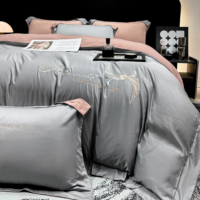 91家纺网 家纺一手货源 找家纺 悦织湾家纺 亲肤120克水洗棉磨毛刺绣纯色四件套2025新款轻奢韩版公主风精致床上用品绣花4件套 宽境灰色