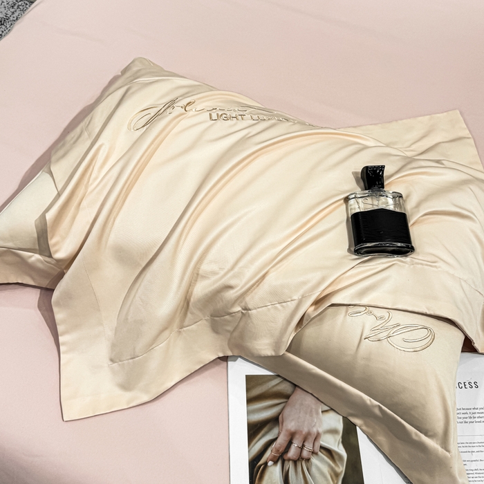 91家纺网 家纺一手货源 找家纺 悦织湾家纺 亲肤120克水洗棉磨毛刺绣纯色四件套2025新款轻奢韩版公主风精致床上用品绣花4件套 宽境香槟