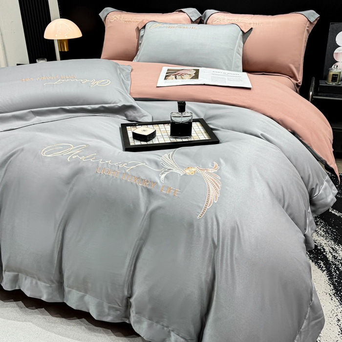 91家纺网 家纺一手货源 找家纺 悦织湾家纺 亲肤120克水洗棉磨毛刺绣纯色四件套2025新款轻奢韩版公主风精致床上用品绣花4件套 宽境灰色