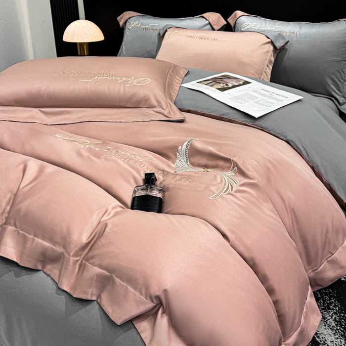 91家纺网 家纺一手货源 找家纺 悦织湾家纺 亲肤120克水洗棉磨毛刺绣纯色四件套2025新款轻奢韩版公主风精致床上用品绣花4件套 宽境豆沙