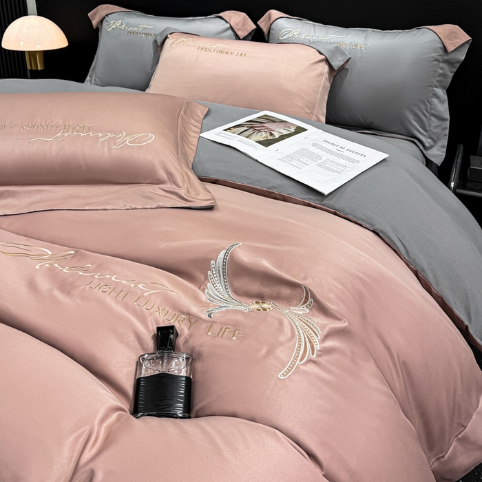 91家纺网 家纺一手货源 找家纺 悦织湾家纺 亲肤120克水洗棉磨毛刺绣纯色四件套2025新款轻奢韩版公主风精致床上用品绣花4件套 宽境豆沙