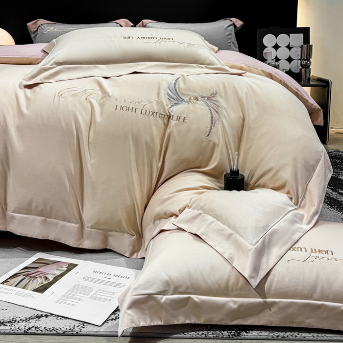 91家纺网 家纺一手货源 找家纺 悦织湾家纺 亲肤120克水洗棉磨毛刺绣纯色四件套2025新款轻奢韩版公主风精致床上用品绣花4件套 宽境香槟