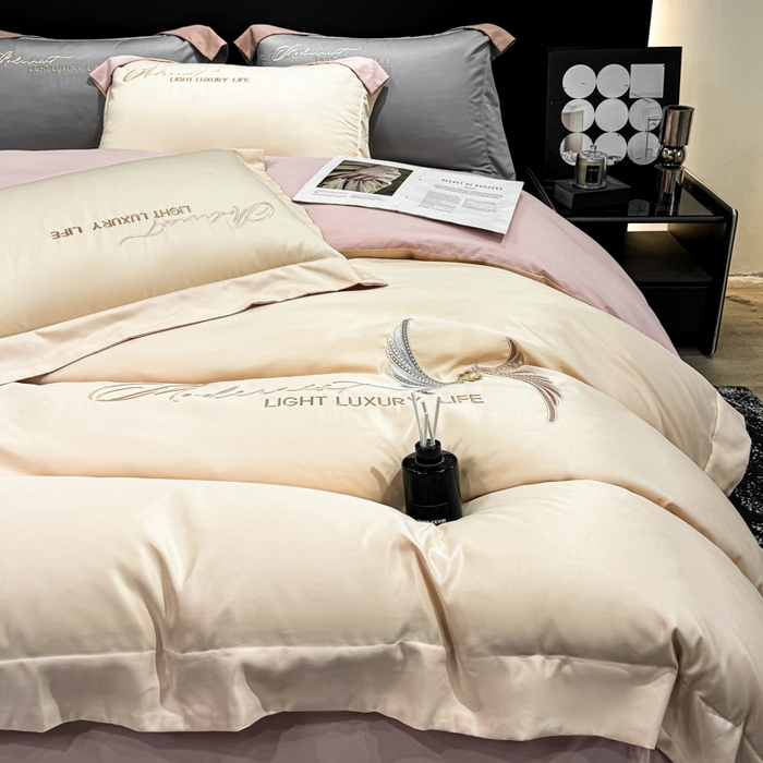 91家纺网 家纺一手货源 找家纺 悦织湾家纺 亲肤120克水洗棉磨毛刺绣纯色四件套2025新款轻奢韩版公主风精致床上用品绣花4件套 宽境香槟