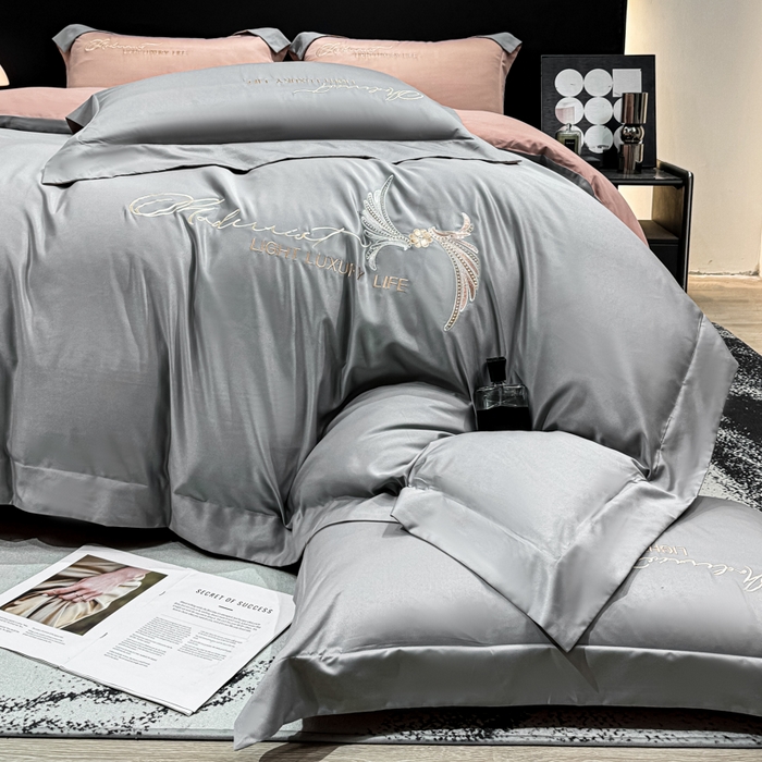 91家纺网 家纺一手货源 找家纺 悦织湾家纺 亲肤120克水洗棉磨毛刺绣纯色四件套2025新款轻奢韩版公主风精致床上用品绣花4件套 宽境灰色