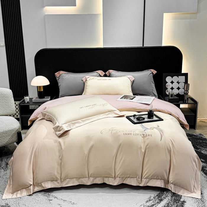 91家纺网 家纺一手货源 找家纺 悦织湾家纺 亲肤120克水洗棉磨毛刺绣纯色四件套2025新款轻奢韩版公主风精致床上用品绣花4件套 宽境香槟