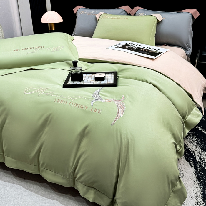 91家纺网 家纺一手货源 找家纺 悦织湾家纺 亲肤120克水洗棉磨毛刺绣纯色四件套2025新款轻奢韩版公主风精致床上用品绣花4件套 宽境果绿