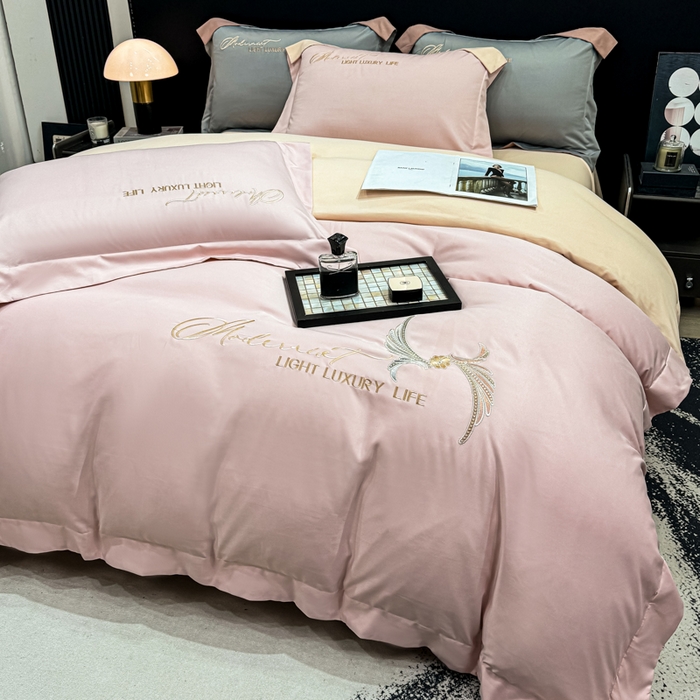 91家纺网 家纺一手货源 找家纺 悦织湾家纺 亲肤120克水洗棉磨毛刺绣纯色四件套2025新款轻奢韩版公主风精致床上用品绣花4件套 宽境粉玉