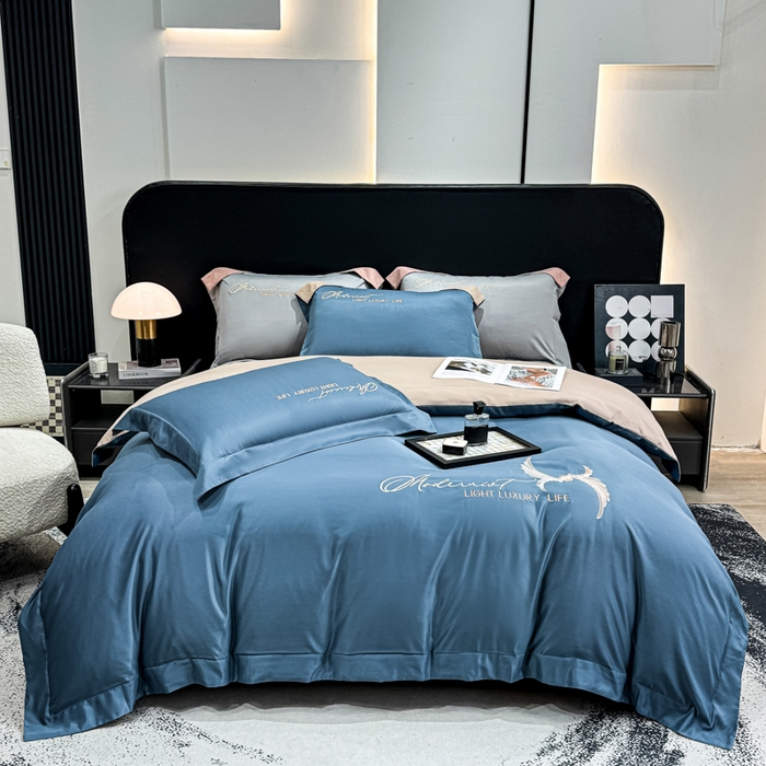 91家纺网 家纺一手货源 找家纺 悦织湾家纺 亲肤120克水洗棉磨毛刺绣纯色四件套2025新款轻奢韩版公主风精致床上用品绣花4件套 宽境宾利蓝