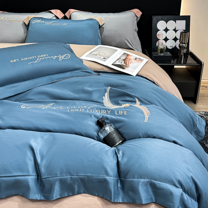 91家纺网 家纺一手货源 找家纺 悦织湾家纺 亲肤120克水洗棉磨毛刺绣纯色四件套2025新款轻奢韩版公主风精致床上用品绣花4件套 宽境宾利蓝