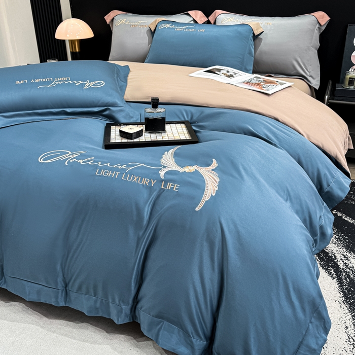 91家纺网 家纺一手货源 找家纺 悦织湾家纺 亲肤120克水洗棉磨毛刺绣纯色四件套2025新款轻奢韩版公主风精致床上用品绣花4件套 宽境宾利蓝