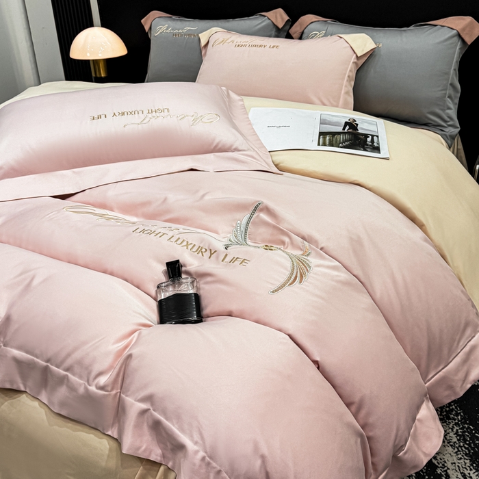 91家纺网 家纺一手货源 找家纺 悦织湾家纺 亲肤120克水洗棉磨毛刺绣纯色四件套2025新款轻奢韩版公主风精致床上用品绣花4件套 宽境粉玉