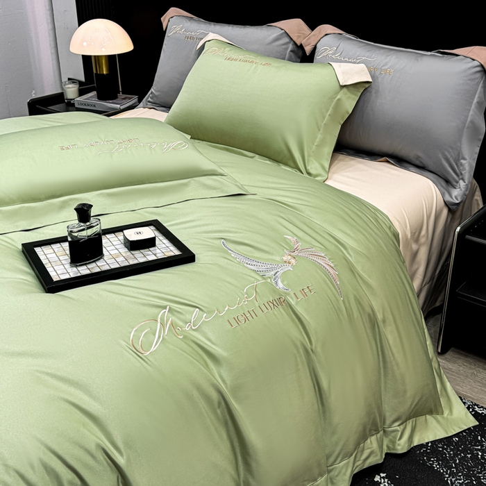 91家纺网 家纺一手货源 找家纺 悦织湾家纺 亲肤120克水洗棉磨毛刺绣纯色四件套2025新款轻奢韩版公主风精致床上用品绣花4件套 宽境果绿