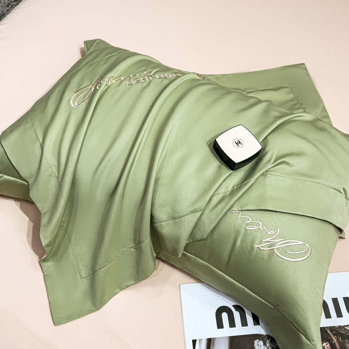 91家纺网 家纺一手货源 找家纺 悦织湾家纺 亲肤120克水洗棉磨毛刺绣纯色四件套2025新款轻奢韩版公主风精致床上用品绣花4件套 宽境果绿