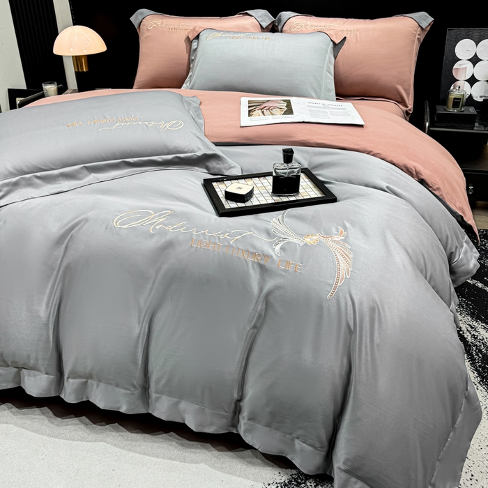 91家纺网 家纺一手货源 找家纺 悦织湾家纺 亲肤120克水洗棉磨毛刺绣纯色四件套2025新款轻奢韩版公主风精致床上用品绣花4件套 宽境灰色