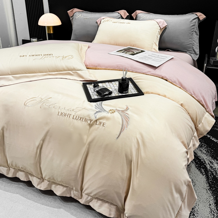 91家纺网 家纺一手货源 找家纺 悦织湾家纺 亲肤120克水洗棉磨毛刺绣纯色四件套2025新款轻奢韩版公主风精致床上用品绣花4件套 宽境香槟