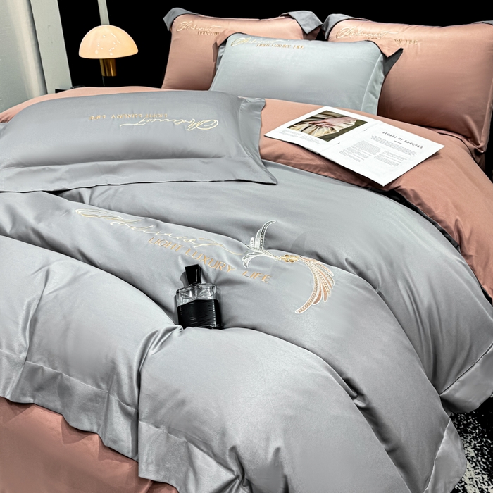 91家纺网 家纺一手货源 找家纺 悦织湾家纺 亲肤120克水洗棉磨毛刺绣纯色四件套2025新款轻奢韩版公主风精致床上用品绣花4件套 宽境灰色