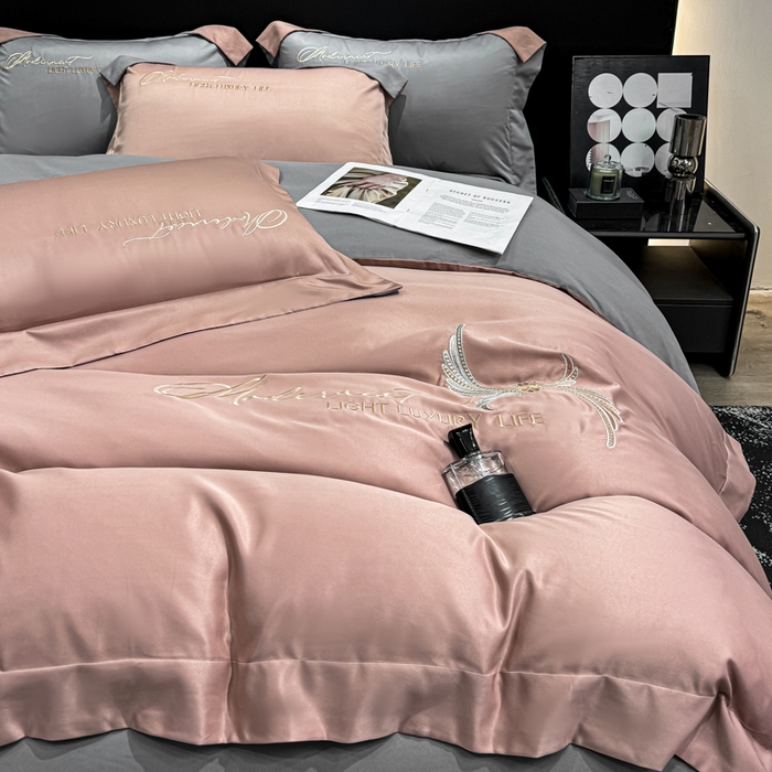 91家纺网 家纺一手货源 找家纺 悦织湾家纺 亲肤120克水洗棉磨毛刺绣纯色四件套2025新款轻奢韩版公主风精致床上用品绣花4件套 宽境豆沙