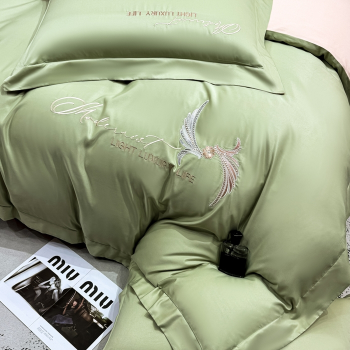 91家纺网 家纺一手货源 找家纺 悦织湾家纺 亲肤120克水洗棉磨毛刺绣纯色四件套2025新款轻奢韩版公主风精致床上用品绣花4件套 宽境果绿