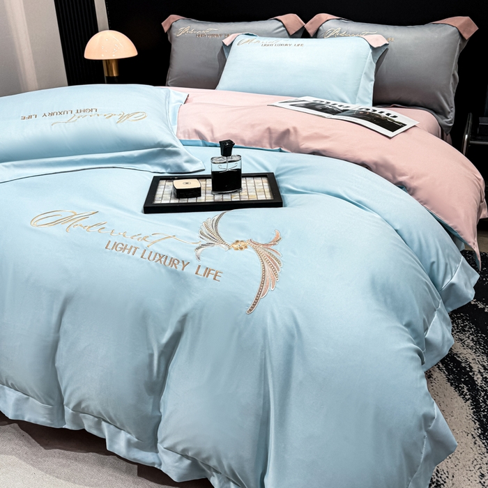 91家纺网 家纺一手货源 找家纺 悦织湾家纺 亲肤120克水洗棉磨毛刺绣纯色四件套2025新款轻奢韩版公主风精致床上用品绣花4件套 宽境天蓝