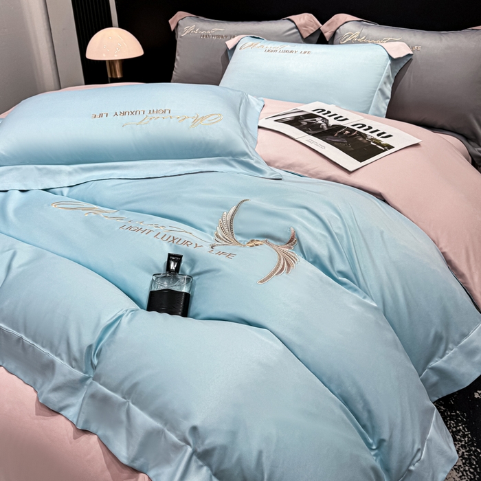 91家纺网 家纺一手货源 找家纺 悦织湾家纺 亲肤120克水洗棉磨毛刺绣纯色四件套2025新款轻奢韩版公主风精致床上用品绣花4件套 宽境天蓝