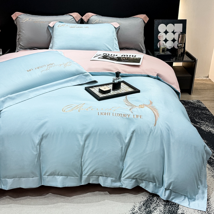 91家纺网 家纺一手货源 找家纺 悦织湾家纺 亲肤120克水洗棉磨毛刺绣纯色四件套2025新款轻奢韩版公主风精致床上用品绣花4件套 宽境天蓝