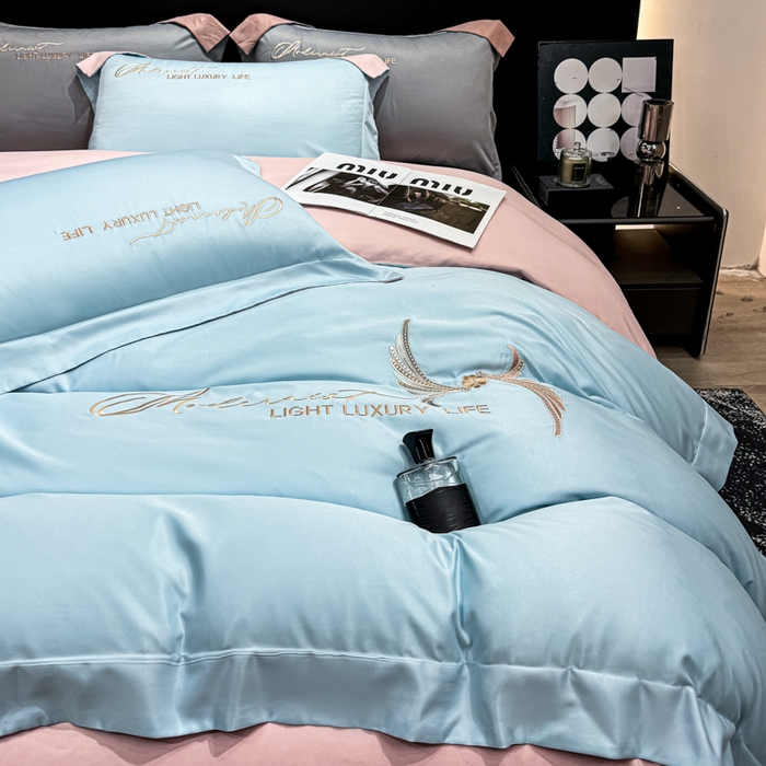 91家纺网 家纺一手货源 找家纺 悦织湾家纺 亲肤120克水洗棉磨毛刺绣纯色四件套2025新款轻奢韩版公主风精致床上用品绣花4件套 宽境天蓝