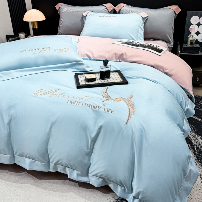 91家纺网 家纺一手货源 找家纺 悦织湾家纺 亲肤120克水洗棉磨毛刺绣纯色四件套2025新款轻奢韩版公主风精致床上用品绣花4件套 宽境天蓝