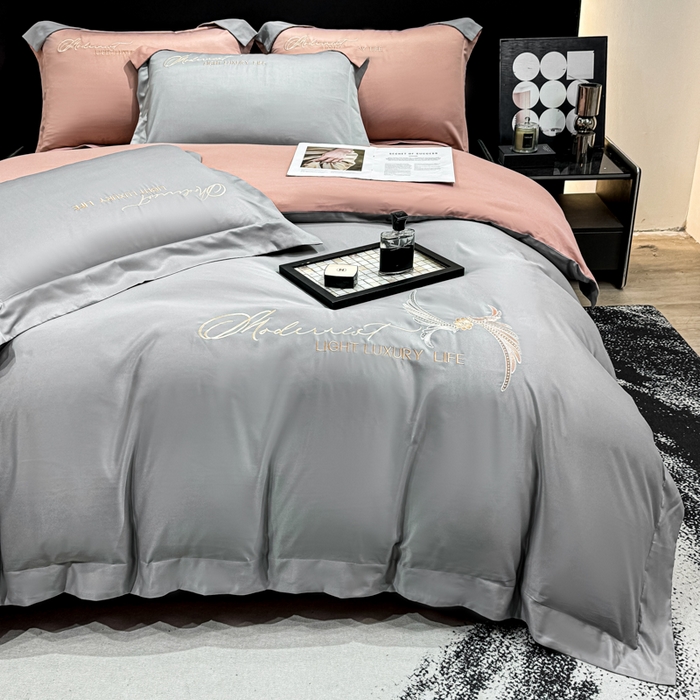 91家纺网 家纺一手货源 找家纺 悦织湾家纺 亲肤120克水洗棉磨毛刺绣纯色四件套2025新款轻奢韩版公主风精致床上用品绣花4件套 宽境灰色