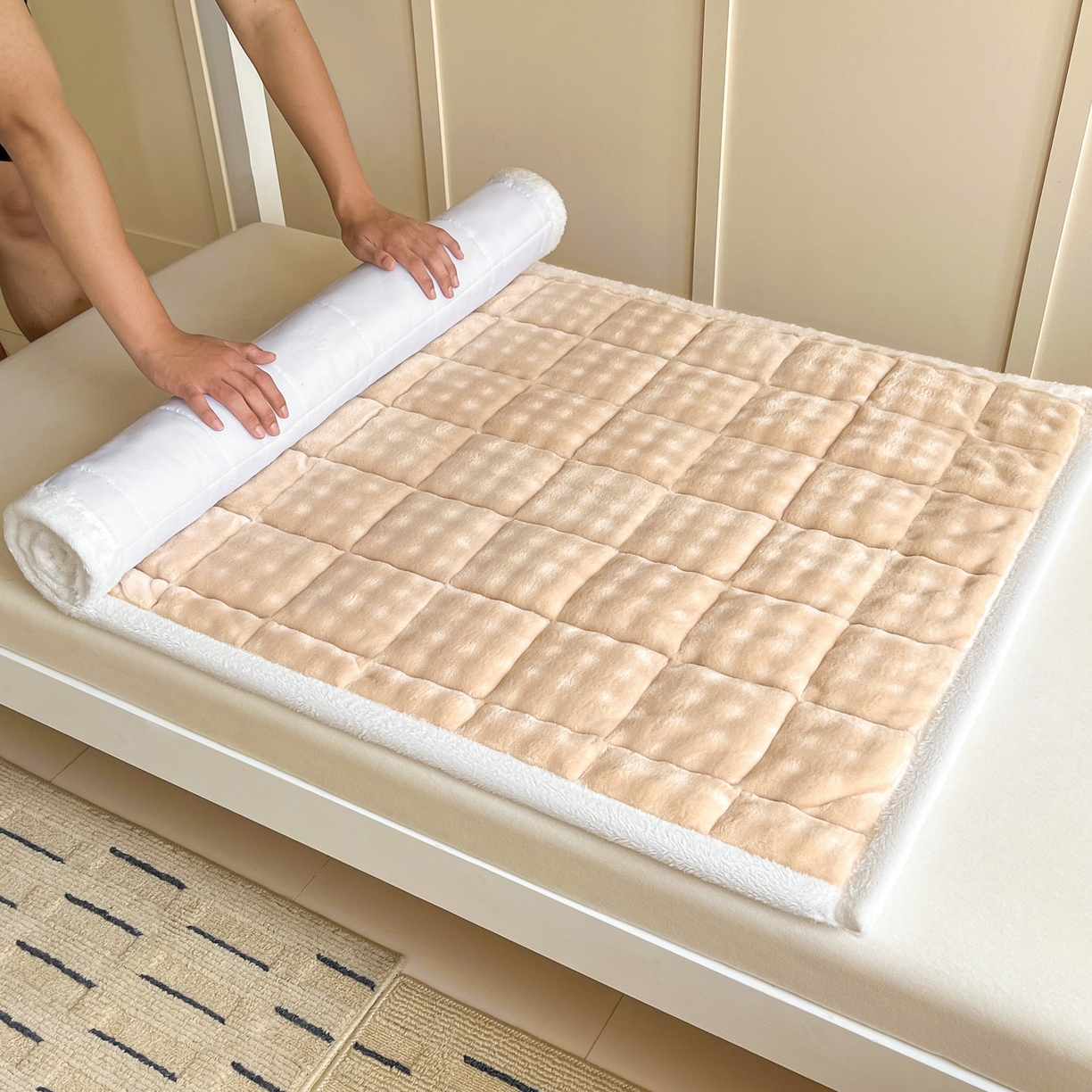 91家纺网 家纺一手货源 找家纺 缦吉 2025新款泡泡兔毛牛奶绒床垫 冬日奶咖（全网最低）