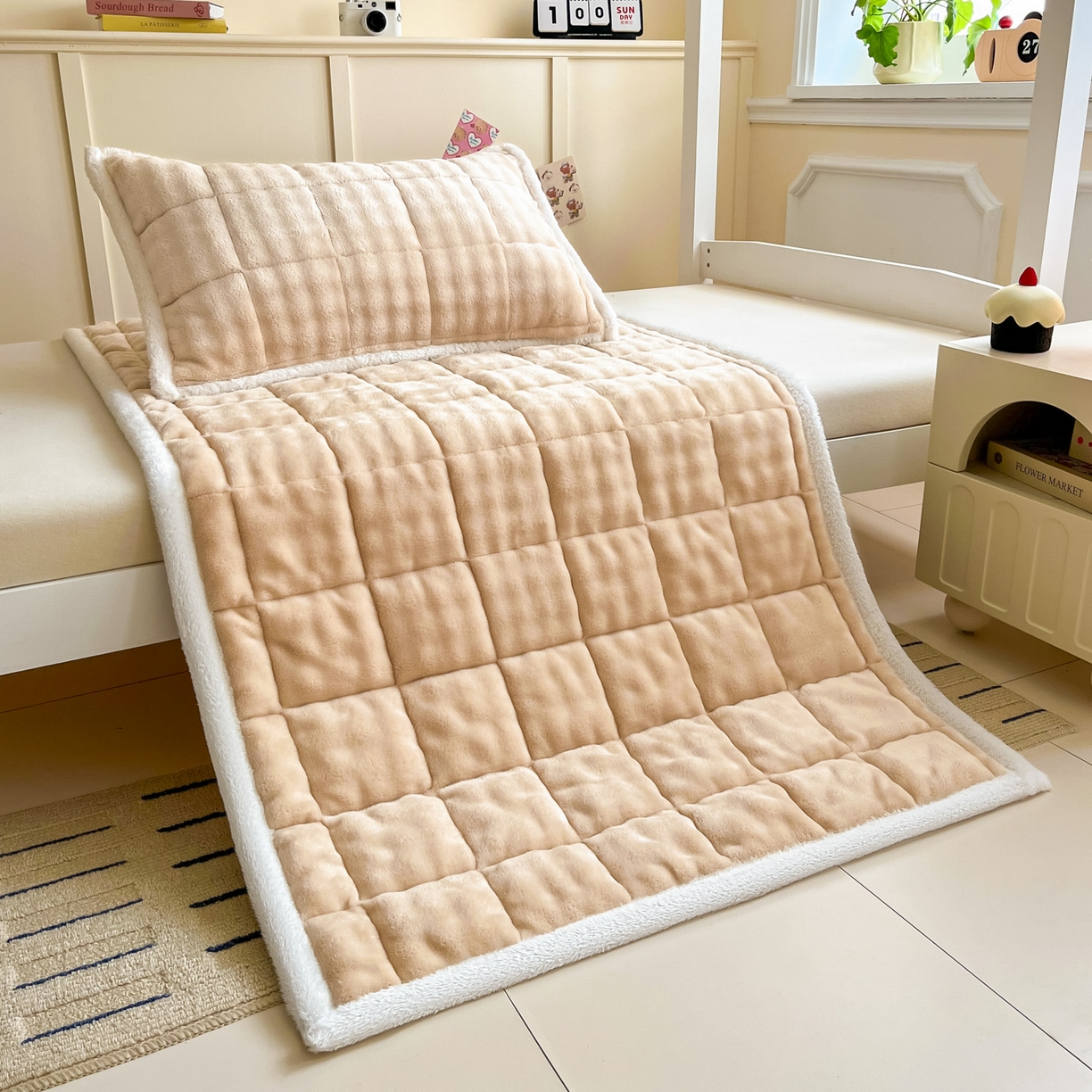 91家纺网 家纺一手货源 找家纺 缦吉 2025新款泡泡兔毛牛奶绒床垫 冬日奶咖（全网最低）