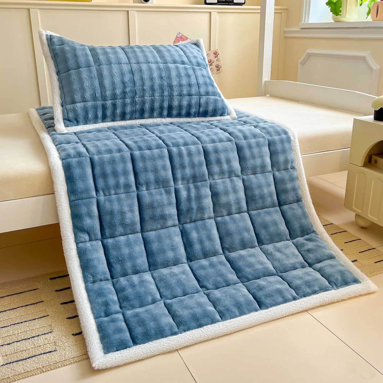 91家纺网 家纺一手货源 找家纺 缦吉 2025新款泡泡兔毛牛奶绒床垫 深海蓝色（全网最低）