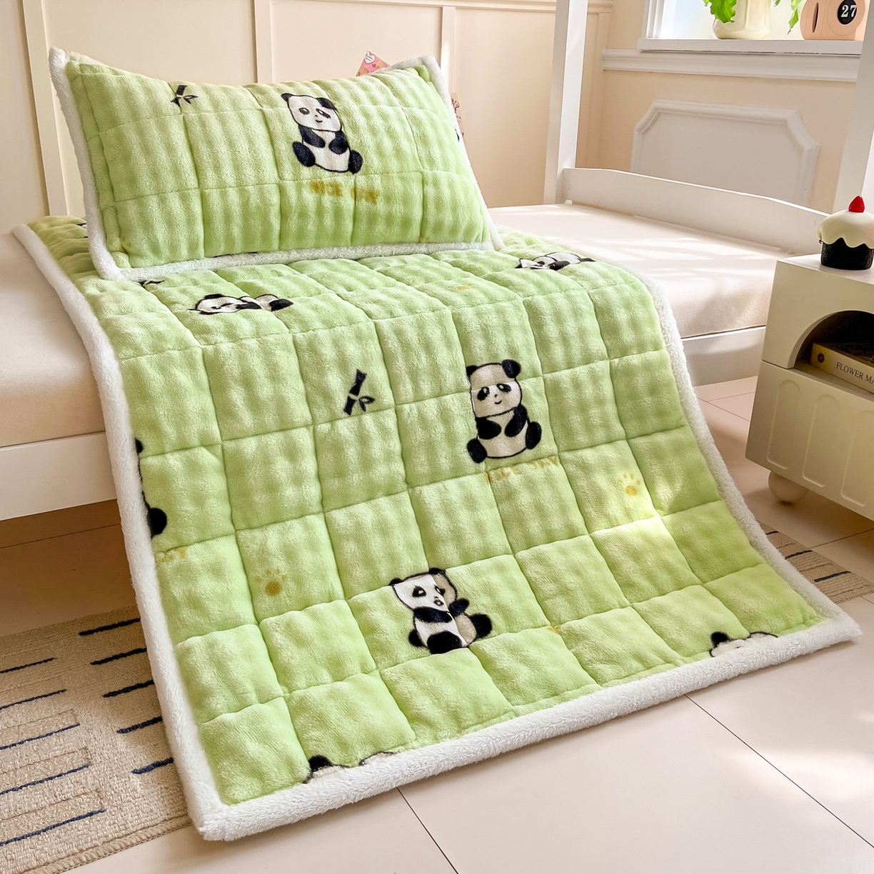 91家纺网 家纺一手货源 找家纺 缦吉 2025新款泡泡兔毛牛奶绒床垫 熊猫乐园（全网最低）