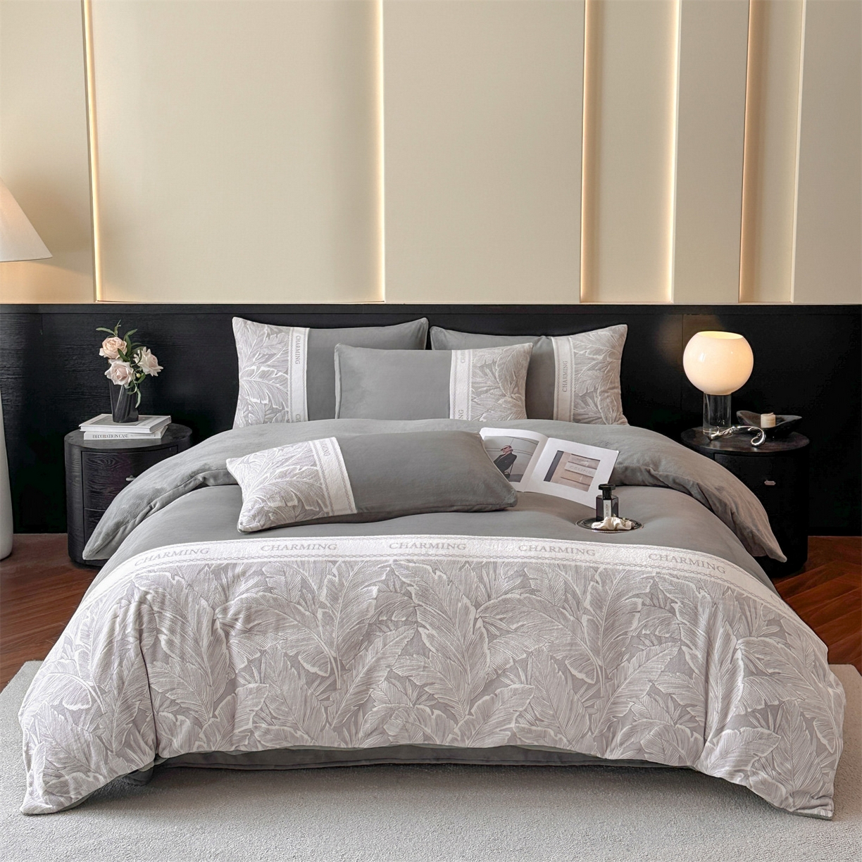 91家纺网 家纺一手货源 找家纺 梦幻之城 2025新款牛奶绒刺绣款四件套-苏缦 经典灰