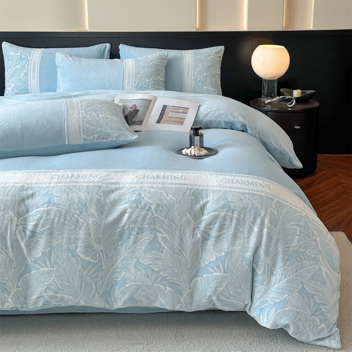 91家纺网 家纺一手货源 找家纺 梦幻之城 2025新款牛奶绒刺绣款四件套-苏缦 天空蓝